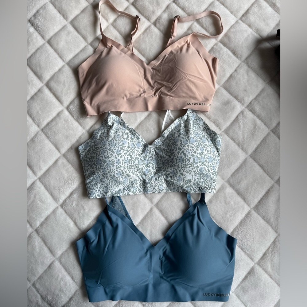 Lucky Brand Bralette Trio in Tan, Floral, and Teal